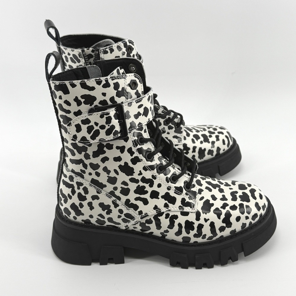 Levis Womens Giselle- Leopard Print Combat Lace Up Boots Shoes Black Cream NEW - Picture 10 of 16